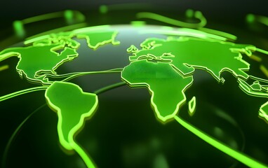 Aufkleber - A glowing green map of the world, highlighting continents and oceans on a dark background, symbolizing technology and global connectivity.