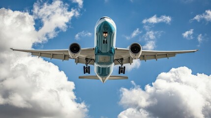 A commercial airplane flying overhead against a backdrop of clouds and blue sky.