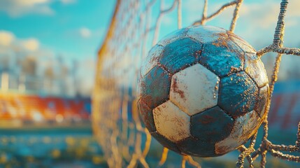 Wall Mural - A weathered soccer ball hangs in the net with a blurred stadium in the background.