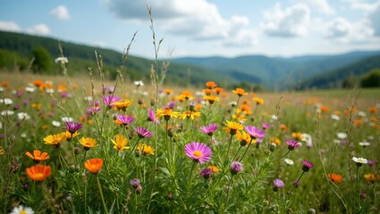 Vibrant wildflowers in a lush meadow under blue skies