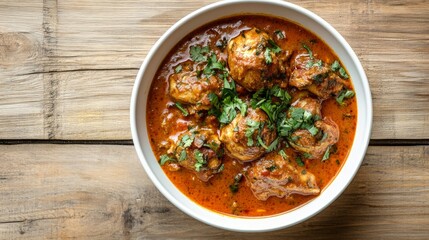 Canvas Print - A white bowl of chicken curry with cilantro garnish on a rustic wooden table.