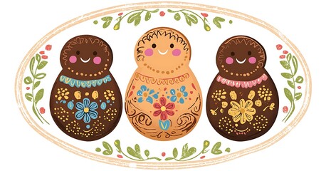 A clipart of three traditional Russian matryoshka doll cookies