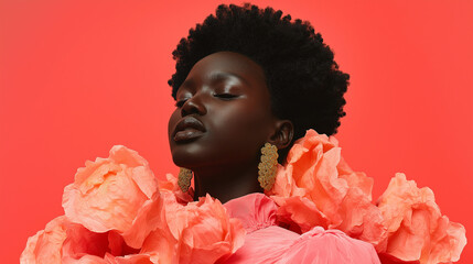 An artistic portrait of a striking woman with dark skin, wearing golden earrings and an extravagant floral-inspired outfit in shades of pink and coral.