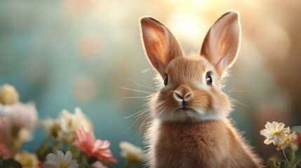 A curious rabbit with fluffy fur sits among colorful flowers in a serene setting, basking in the gentle warmth of a softly glowing light in the background.