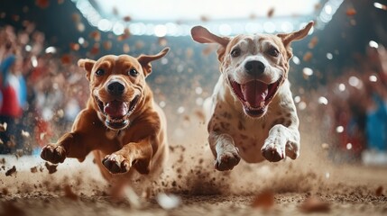 two happy and energetic dogs racing in a dynamic action shot at a dusty outdoor track, showcasing ex