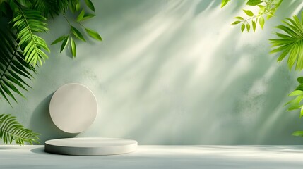 Wall Mural - Serene tropical studio room with lush verdant foliage casting gentle sun dappled shadows  White walls and floor provide a clean backdrop for a sleek product podium