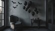 © Orxan - Room setup with a chair, table, balloons, and bats hanging from a grey wall