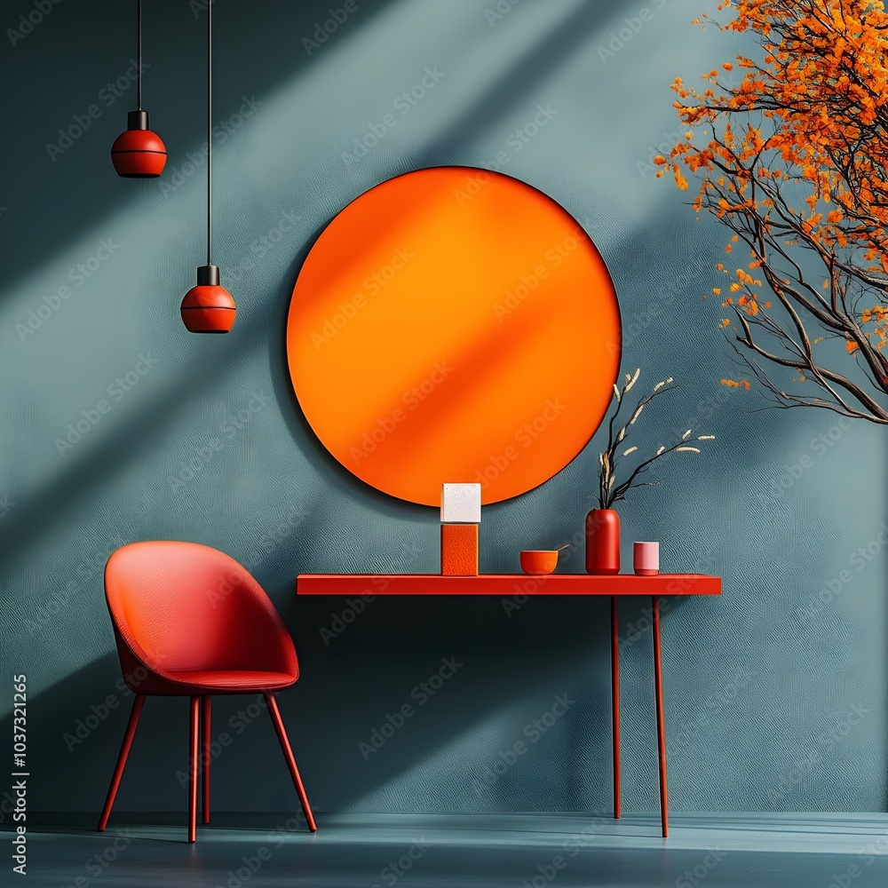 Vibrant 3D studio scene with a bold color scheme minimal furnishings ...