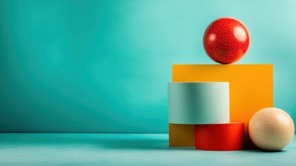 Wall Mural - a minimalist composition of geometric shapes like cylinders and spheres on a blue backdrop, explorin