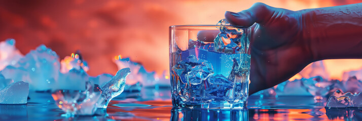 icebergs melting into a glass of water, with people holding hands in the background, urging action against rising sea levels.