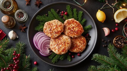 Four cooked salmon patties on a black plate with sliced red onion, sprigs of green herbs and red berries with a lemon, garlic cloves, peppercorns, and spices on a dark textured surface.