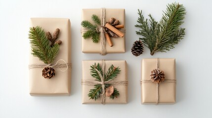 Four simply wrapped brown gifts with pine needles and cinnamon sticks on a white background.