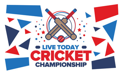 Cricket Championship. Match Day. Cricket bat and cricket ball. Tournament play-off and final. Sport game, professional competition. Play for win. Cricket match score. Fitness and recreation poster