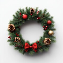 Christmas wreath made of fir tree and cones isolated on white. Christmas decorations