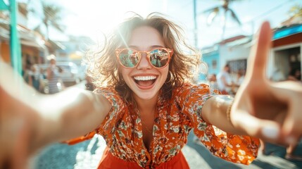 A cheerful woman wearing an orange dress and sunglasses beams a wide smile, embodying happiness and vibrant energy against a blurred, sunny street background.