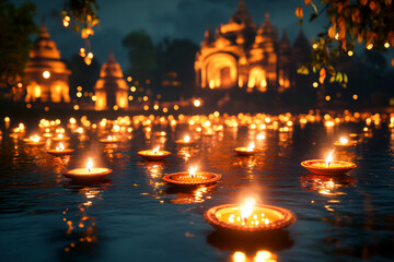 Lit lamps floating on water with a temple in the background. Copy space. Festive background for Diwali.