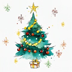 Christmas tree in winter holiday card background watercolor aquarelle