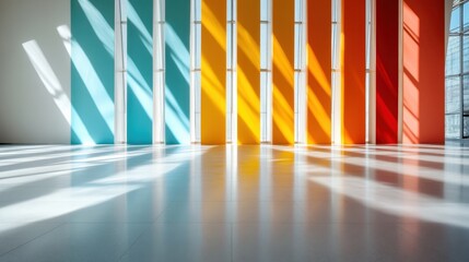 A vibrant interior wall with alternating colorful panels casts playful shadows on a glossy floor, illuminated by bright sunlight streaming in through tall windows.