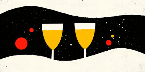 Cheers to celebration with two glasses of sparkling drink against cosmic backdrop, featuring vibrant red and yellow elements. This illustration captures festive and joyful atmosphere