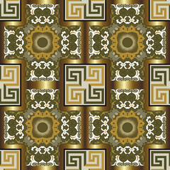 Wall Mural - Ornamental luxury arabesque gold seamless pattern with greek key meander, swirls, flowers. Vintage floral glow background. Repeat vector glowing modern ornaments. Endless ornate patterned texture.