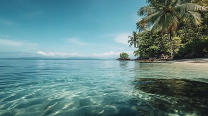 Wall Mural - Serene Tropical Beach with Lush Greenery and Clear Water