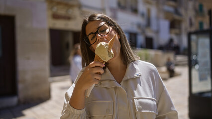 Young hispanic woman enjoying an ice cream cone on the sunny streets of old town bari, italy, showcasing travel and summer in beautiful puglia.