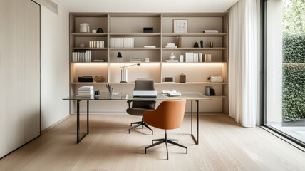 A modern home office featuring sleek glass desk, stylish orange chair, and minimalist shelving. space is bright and organized, promoting productivity and creativity