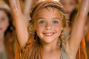 Young girl smiling with arms raised during a lively performance in a warm setting surrounded by peers