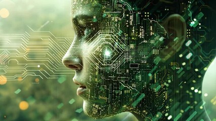 Poster - A human face is artistically merged with electronic circuits, illustrating the fusion of humanity and technology. The green and gold tones evoke a sense of innovation and future.