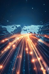 Poster - A vibrant digital landscape illustrates glowing lines of light converging in a forward motion, enhancing a sense of movement through a networked world.