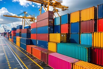 Colorful shipping containers stacked at a busy port under a bright sky during the day