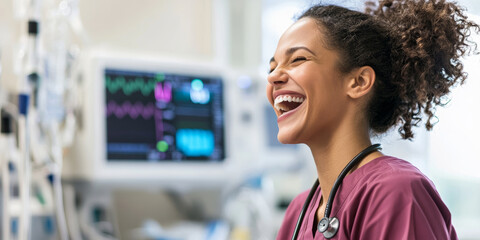 A joyful healthcare professional smiles brightly in medical environment, showcasing positive atmosphere in hospital. Her laughter reflects dedication and compassion of medical staff