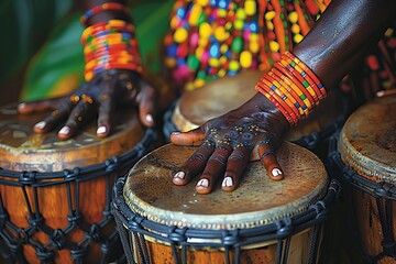 A skilled performer playing traditional drums with colorful bracelets in a vibrant cultural setting