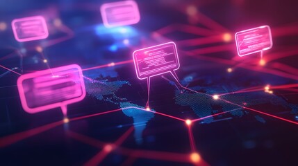 Poster - The image features a digital network with glowing message bubbles over a world map, symbolizing global communication and connectivity.