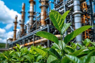 Industrial plant operates near lush green foliage under a bright sky during the day