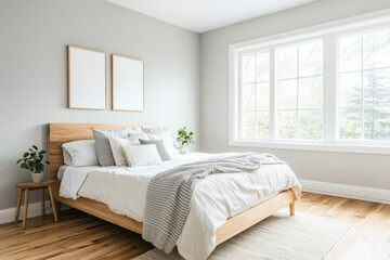 A serene bedroom featuring wooden bed frame with soft bedding, decorative pillows, and natural light streaming through large windows. minimalist decor includes plants and neutral tones, creating calmi