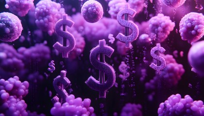 A vibrant, abstract image featuring floating dollar signs amidst a backdrop of purple and pink organic shapes.