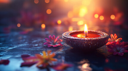 Happy Diwali festival scene with illuminated oil lamps and intricate floral mandalas in bokeh lights