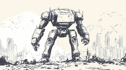 Wall Mural - Giant mech robot standing in a future city drawn in comic book or graphic novel style. mecha battle. illustration. Mecha Robots. Illustration