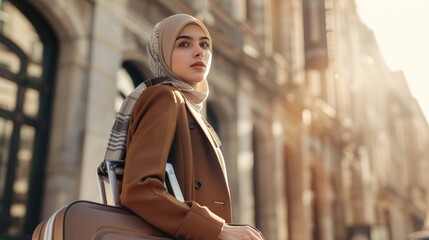 Poster - Young Muslim woman in a hijab travelling in the city