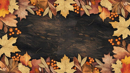 A rustic dark autumn background with maple, oak, and berries.