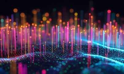 Leinwandbilder - A vibrant digital landscape featuring colorful lines and glowing dots, representing data visualization and modern technology trends.