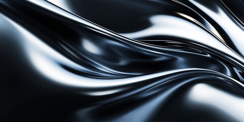 Liquid-like black chrome surface with flowing metallic waves, creating a dynamic, glossy texture, perfect for high-end and futuristic design concepts, selective focus

