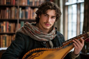 Young man playing a traditional string instrument in a cozy library setting surrounded by books