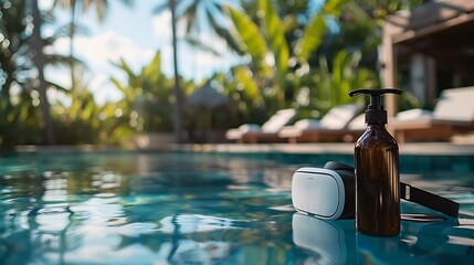 Wall Mural - a shampoo bottle and virtual reality headgear by a tropical pool