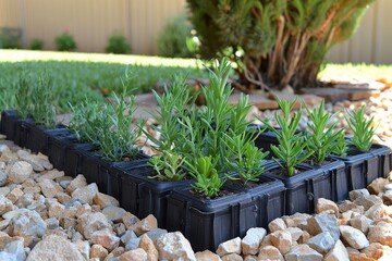 Newly planted lavender seedlings in garden trays surrounded by gravel under clear blue sky at midday