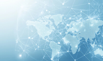 A light blue background with a digital world map and global network connections,
representing the concept of international business or connectivity, Ai