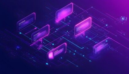 Poster - A vibrant digital landscape featuring glowing screens interconnected by intricate circuitry, evoking themes of technology and innovation.
