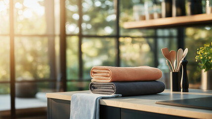 Two folded towels sit on a kitchen counter in front of a window, with a soft light coming in from the left.