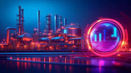 A futuristic illustration of an industrial plant with a glowing digital display.